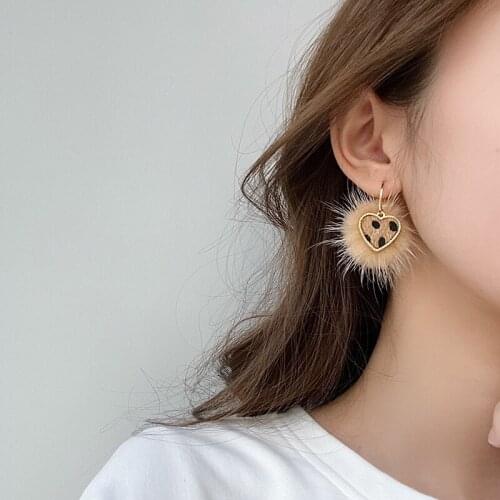 TIMEONLY Japanese Fashion Leopard Love Hearts Ball Hairy Drop Earring for Women Ladies Wedding Gifts Earring Jewellery 2021 New