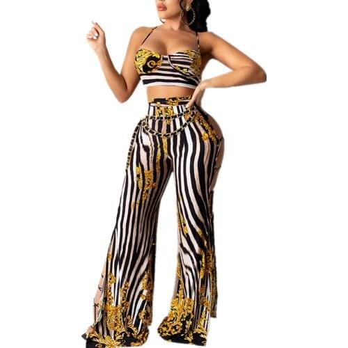 Women Summer Printed Two Piece Sets Sexy Sleeveless Halter Top And Wide Leg Pants Womens Outfits
