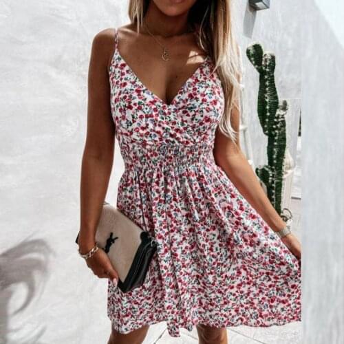 2021 Summer New Womens Retro Prints Elastic Waist Mini Dress Sexy V-Neck Sleeveless Sling Dress Woman Robe Backless Vestidos