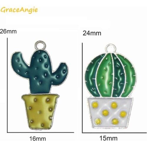 GraceAngie 10PCS Green Cactus Colorful Enamel Cacti Silver Color Alloy Base Pendant Charm for DIY Fine Earring Keychain Jewelry