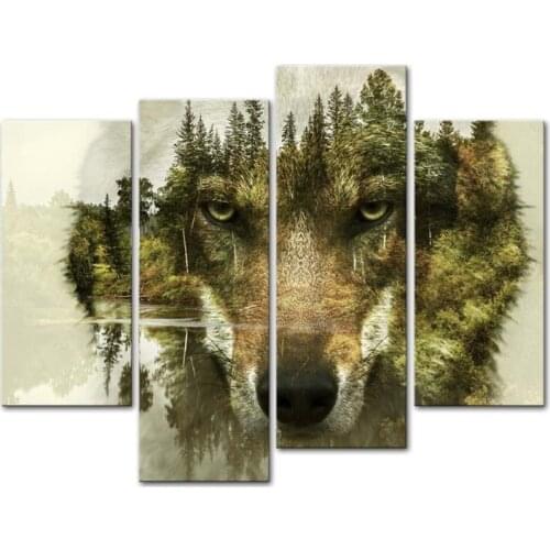 4 Pieces Modern Canvas Painting Wall Art Wolf Pine Trees Forest Water Wolf Animal Print On Canvas Giclee Artwork For Wall Decor