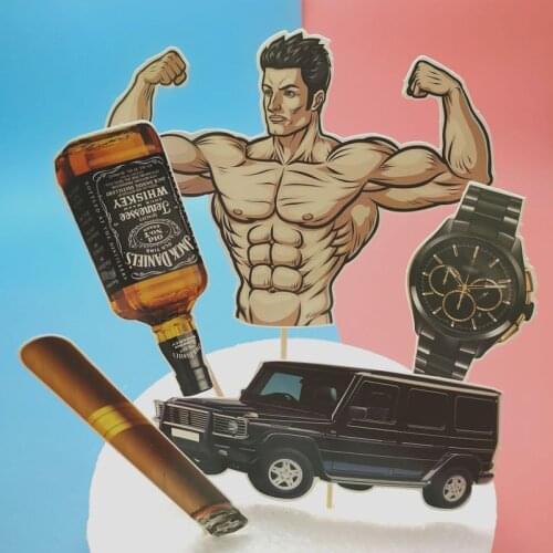 5pcs Fitness Muscular Man Birthday Cake Topper Wristwatch Beer Cupcake Toppers Boys Men Happy Birthday Party Dessert Cream Decor