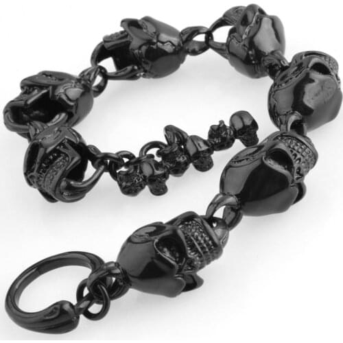 Punk Skull Bracelets Men Stainless Steel Polished Black Skull Charm Link Chain Bracelets Mens Gothic Jewelry