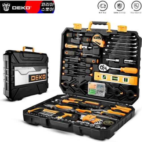 DEKO Hand Tool Set General Household Repair Hand Tool Kit with Plastic Toolbox Storage Case Socket Wrench Screwdriver Knife