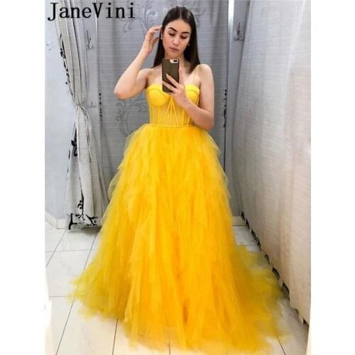 JaneVini Golden Yellow Spaghetti Straps Long Prom Dresses A-line Sweetheart Tulle Sexy Illusion Tiered Pageant Party Dress jurk
