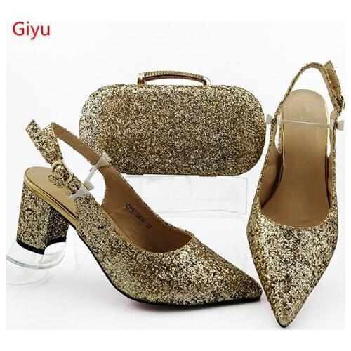 Doershow New Arrival African Wedding Shoes and Bag Set gold Color Italian Shoes with Matching Bags Nigerian Women party!SOU1-18