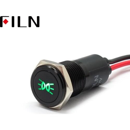 FILN 14mm Car dashboard Width lamp symbol led red yellow white blue green 12v led Black shell indicator light with 20cm cable