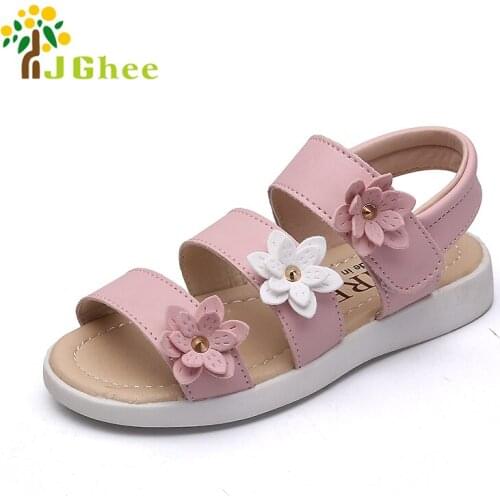 J Ghee Childrens Princess Shoes For Girls Kids Sandals For Girls 2-10 Years Soft PU Leather Girls Shoes 3 Colors With Flowers