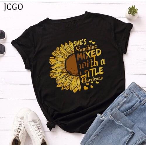 JCGO Fashion Summer T-Shirt Women 100% Cotton Plus Size S-5XL Sunflower Print Female Short Sleeve Tshirts Casual Ladies Tops Tee