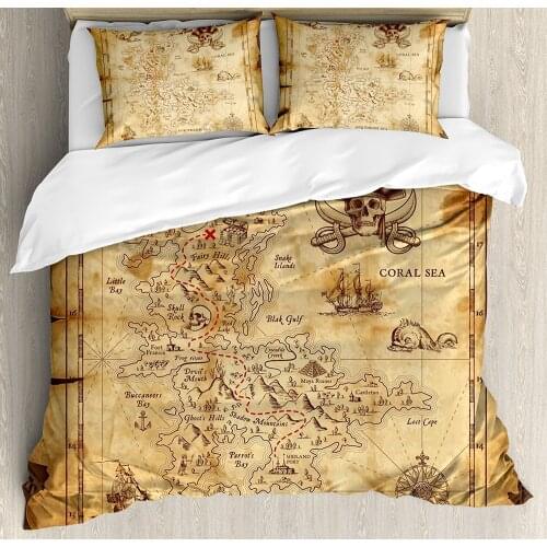 Island Map Duvet Cover Set Super Detailed Treasure Map Grungy Rustic Pirates Gold Secret Sea History Theme 4 Piece Bedding Set
