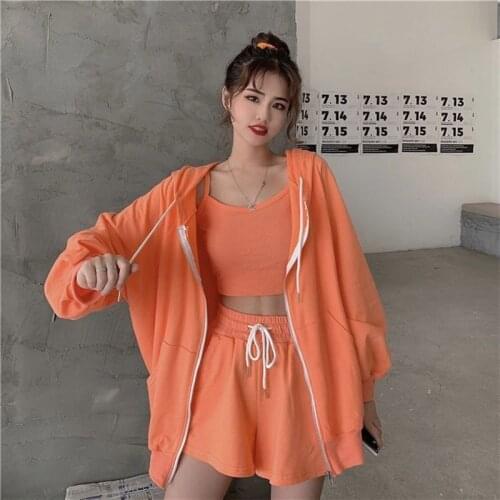 Casual 3 PCS Sweaters New Shorts Sets 2021 Spring/Summer Sports Suit Solid Hooded Three Piece Sets Fashion Tracksuit For Women
