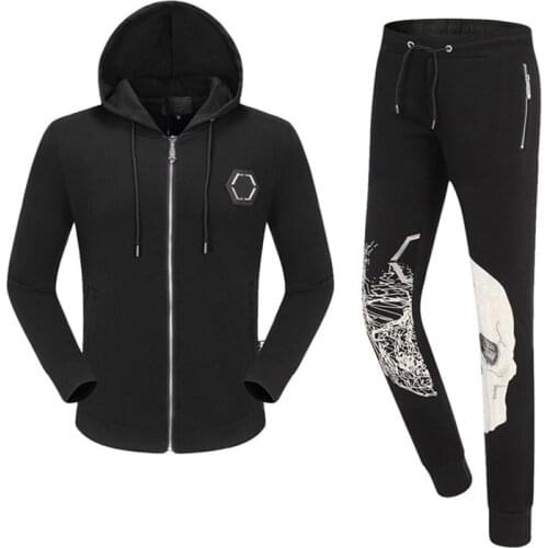 PP Skull Autumn/Winter Men Cotton 2-Piece Hooded Sweatshirt And Pants Sportswear Set Zip Plein Hoodie Clothes Trajes de hombre