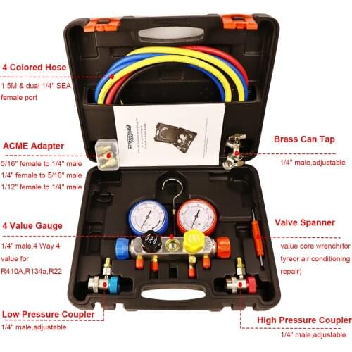 R410A Manifold Gauge Set AC Freon R134A R22 R410A Diagnostic Manifold Gauge with Hose Kit Air Conditioner Refrigerant Recharge
