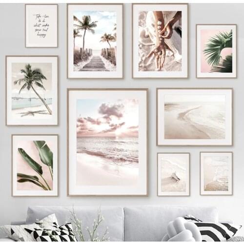 Beige Pink Color Beach Palm Tree Bridge Sea Wave Landscape Canvas Painting Wall Art Nordic Posters and Prints Modular Pictures