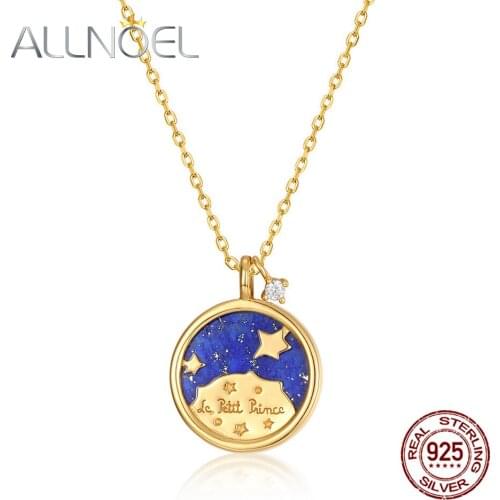ALLNOEL Natural Lapis Necklace Solid 925 Sterling Silver Round Plate Charm Starry Sky Best Wish For Friend Birthday Gift 45 cm