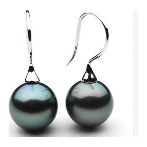 Pair huge 12-13mm south sea genuine perfet round black blue green pearl earring 925 silver
