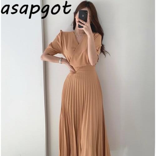Korea Chic Elegant Light Mature Style Show Thin Temperament V-neck Cross Waist Short Sleeve Pleated Dress Women Fashion Vestido