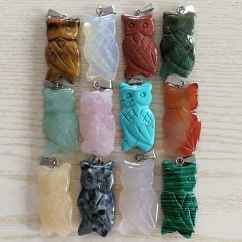 Fashion carved owl pendants natural mixed stone animals for jewelry making accessories 12PCS free shipping