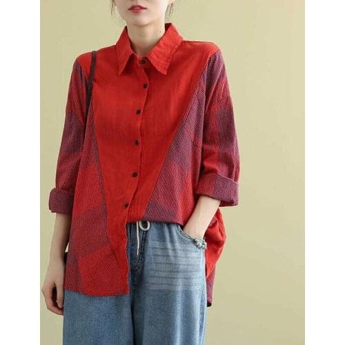 Casual Shirts Cotton Linen Patchwork Plaid Blouses Plus Size Spring Autumn New Arts Style Women Long Sleeve Loose