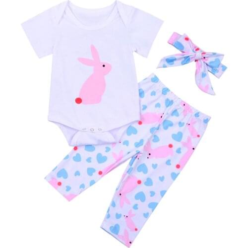 Pudcoco Baby 2021 Summer Clothing 3pcs Newborn Baby Girl Infant Bunny Clothes Romper Tops Pants Headband Easter Outfits Set