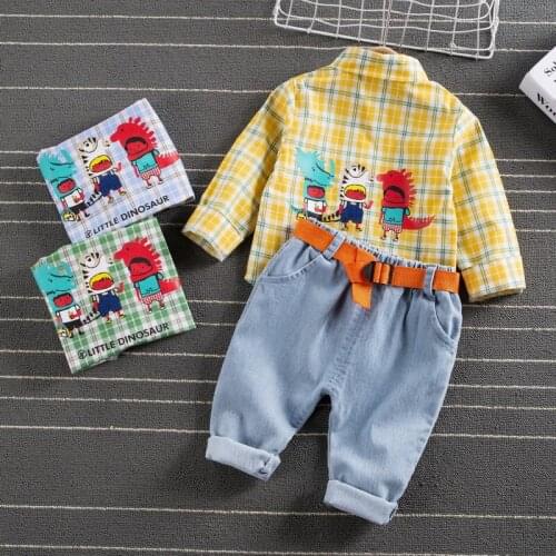 New Autumn Children Clothes Suit Kids Boy Girl Fashion Plaid cartoon Shirt Jeans Pants 2pcs Spring Infant Baby Casual Sportswear