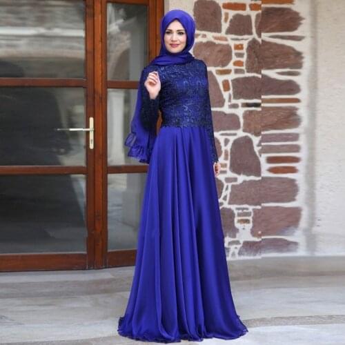 High Neck Royal Blue Prom Dresses floor Length Long Sleeves chiffon Vintage Formal Party Gowns Lace Muslim Evening Dress