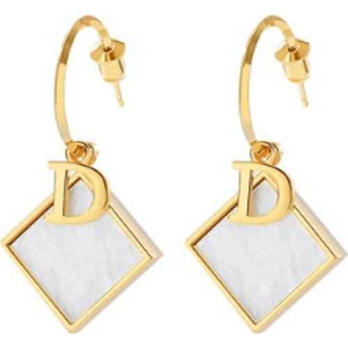 Light Yellow Gold Color Rhombus Shape White Shell Dangle Earrings for Elegant Women Fashion Jewelry