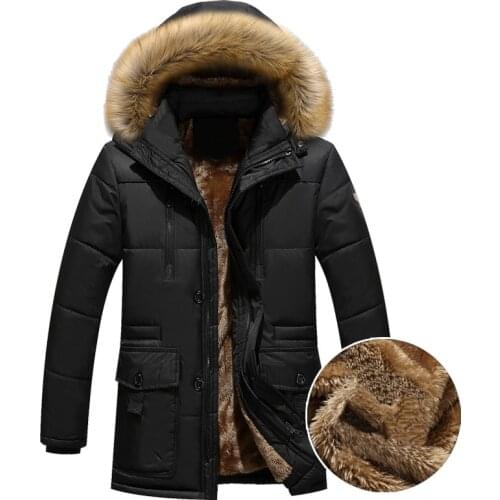 Thick Warm Parka Men Fleece Fur Hood Men Winter Jacket Coat Military Cargo Medium-long Mens Overcoat