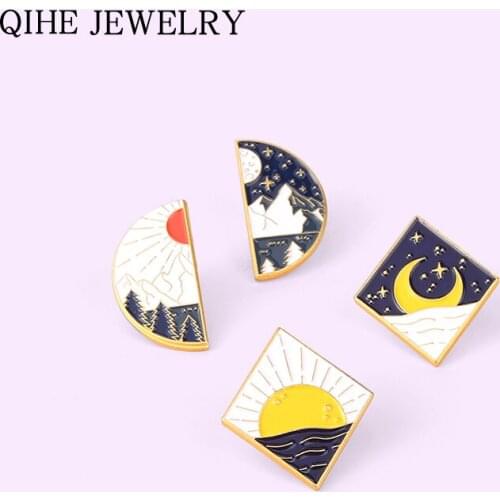 Sun Moon Star Forest Lake Enamel Pins Badge Outdoors Adventure Brooches for Women Cartoon Bag Lapel Pin Jewelry Gift Wholesale
