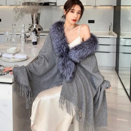 OFTBUY 2021 Winter Jacket Women Tassel Ponchos Natural Real Fox Fur Collar Cashmere Wool Blends Coat Warm Fashion New Outerwear