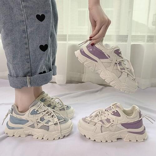 White Women Shoes New Mesh Chunky Casual Sneakers For Women Lace-Up Vulcanize Shoes Comfort Dad Shoes Women Platform Basketball