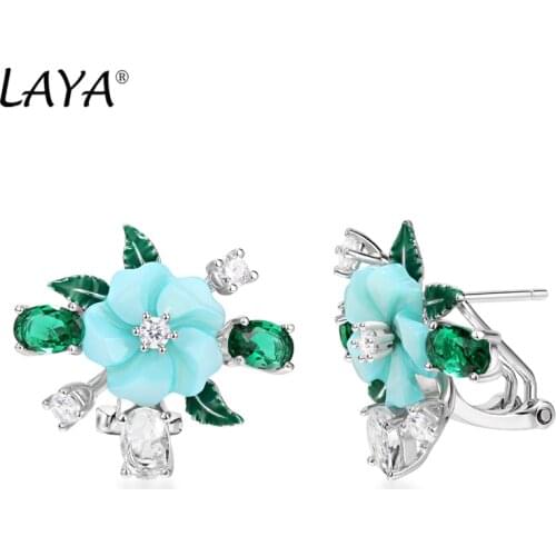 Laya 925 Sterling Silver Luxury Jewelry Fashion High Quality Zirconium Natural Shell Flower Green Leaf Enamel Earrings For Women