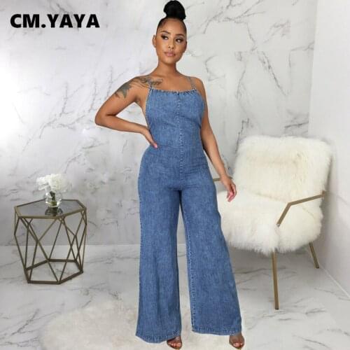 CM.YAYA Women Denim Jumpsuit Solid Sleeveless Strap Backless Loose Wide Leg Jumpsuits Sexy High Streetwear Summer Outfits 2021