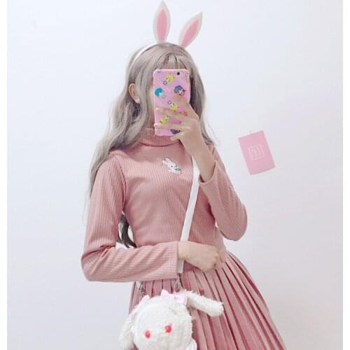 Womens Turtelneck Sweater Cartoon Rabbit Embroidery Knitted Sweaters Autumn Winter Fashion Korean Style Female Loose Knitwear