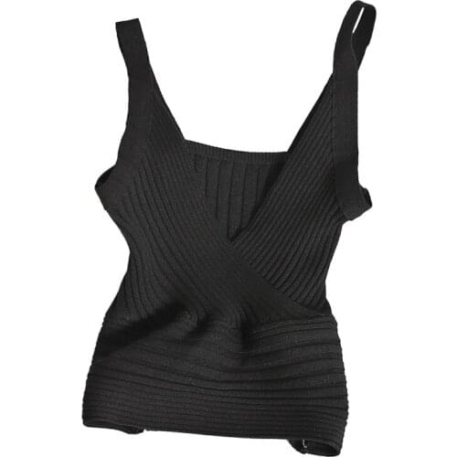 Summer 2021 Knitted Black Crop Top Womeen Sexy tops tees V neck Y2k Sleeveless Cross Camis Tank Top Korean Cropped Feminino