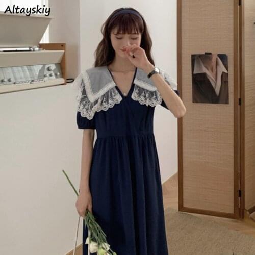 Dress Women Elegant Sweet Mid-calf Lace Sailor Collar Japanese Style Chiffon Simple Lantern Sleeve Empire Holiday Female Lovely