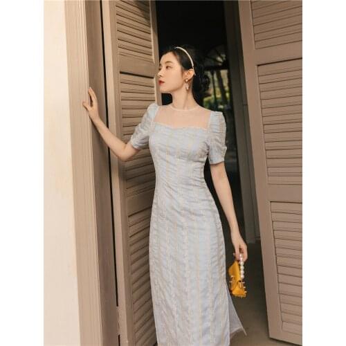 Women Mesh Stitching Round Neck Temperament Bodycon Dress Summer Chiffon Embroidery Gentle Retro Cheongsam