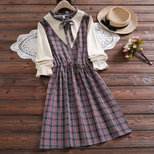 Women Long Sleeve Vintage Plaid Dress Female Turn-down Collar With Sashes A-line Vintage Dress