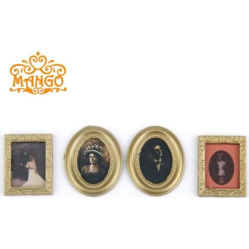 1 12 Dollhouse Miniature Vintage Family Marry golden photo frame/picture 4 pcs