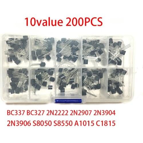 10value 200PCS BC337 BC327 2N2222 2N2907 2N3904 2N3906 S8050 S8550 A1015 C1815 Transistor Assortment Kit Transistors Box Pack