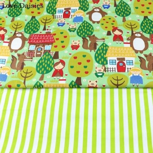 100% Cotton Twill Cartoon Green Tree Brown Bear Fox House Girls Stripe Fabrics for DIY Cushion Apparel Dress Bag Handwork Decor