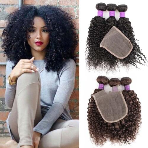3 Bundles with Lace Closure Middle Part 200g/set Jerry Curly 12-22 inch Black Brown Remy Human Hair Weave Bobbi Collection