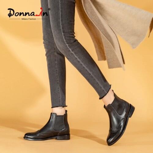 Donna-in Classic Brogue Chelsea Boots Women Luxury Calf Leather Low Heel Autumn Booties Female Hollow British Style Round Toe