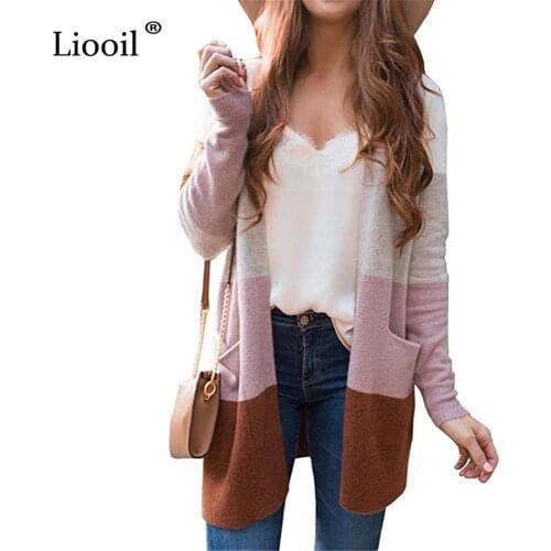 Liooil Casual Knit Cardigan Coat Women 2020 Fall Winter Long Sleeve Color Block With Pocket Female Patchwork Knitwear Sweaters