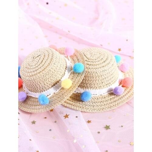 4 Types Dog Cat Summer Hats Outdoor Beach Party Straw Woven Wide-brimmed Caps with Colorful Pompom or Flower Pet Supplies