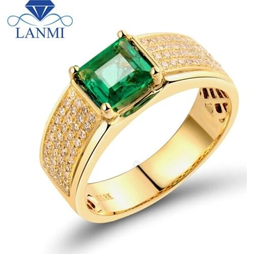 LANMI Luxurious Princess Cut 5.5x5.5mm 18k Yellow Gold Diamond Green Emerald Unique Mens Rings WU255