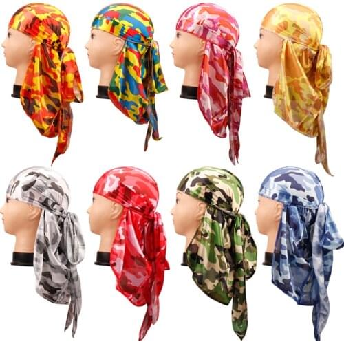 Mens Silky Durags Fashion Camo Print Turban Unisex Silk Durag Headwear Bandans Headband Hair Accessories Pirate Hat Waves Rags