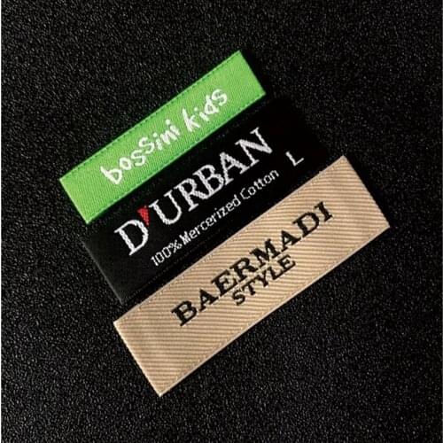 Customize 1000 pcs/lot Wood shuttle satin woven label selvage edge damask clothing labels fabric sewing tags