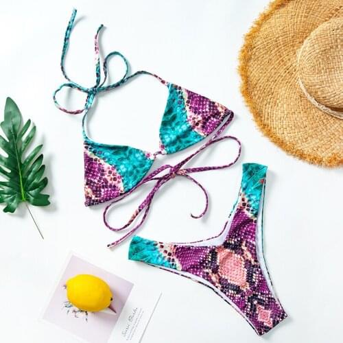 2020 New Sexy Women Snake Skin Printed Bikini Set Hot Sale Beach Low Waist Vintage Swimwear Female Separate Two Pieces Swimsuit
