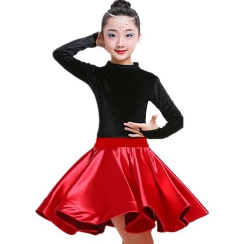 New Kids Girls Velvet Latin Dance Dresses Gymnastics Dancewear Tango Salsa Costume Big Circle Ballroom Skirt For Girls